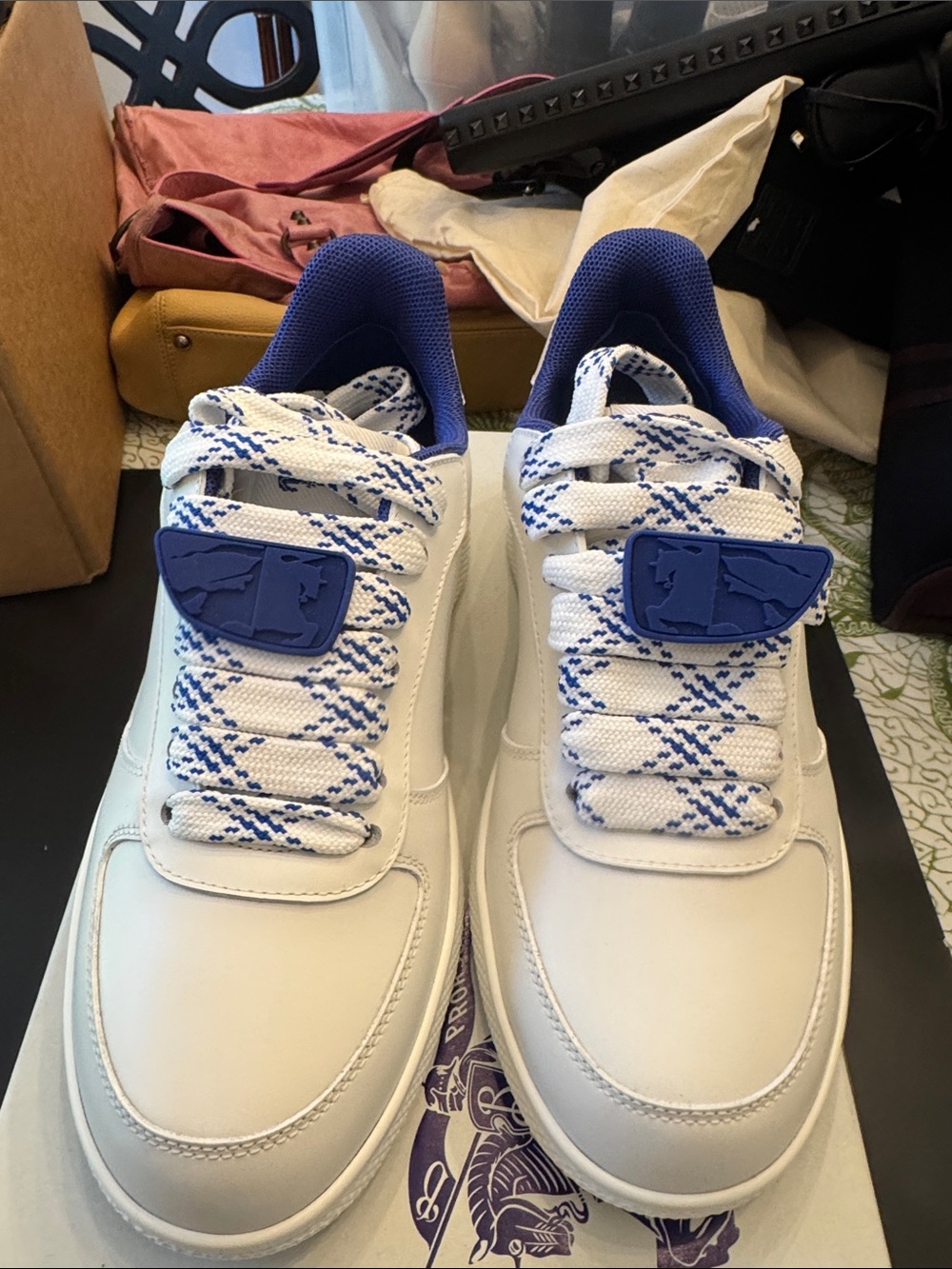 Burberry White Sneakers with Royal Blue Accent